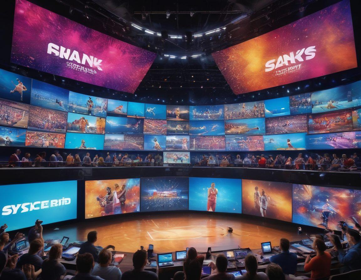 A vibrant collage showcasing a diverse group of enthusiastic sports broadcasters in a modern studio, surrounded by screens displaying live events. Include elements of excitement like confetti and cheering fans. Capture the dynamic energy of sports with colorful graphics of various sports like football, basketball, and soccer. The atmosphere should feel electric and alive, emphasizing real-time broadcasting excitement. super-realistic. vibrant colors. high-energy atmosphere.