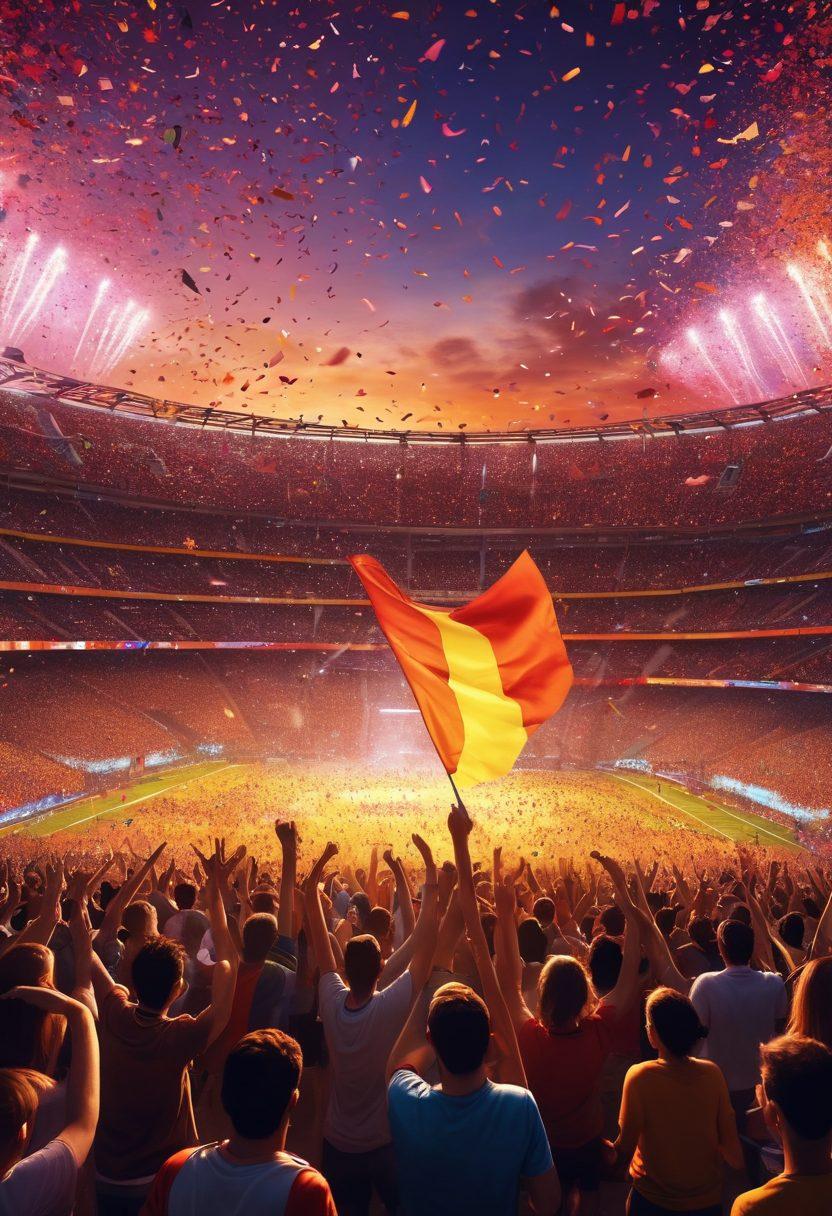 A dynamic scene depicting fans in a large, vibrant stadium, cheering and waving colorful flags while watching a live sports event on a giant screen. The atmosphere is electric, with confetti flying in the air, and a sunset backdrop illuminating the excited faces of people. Include a mix of diverse fans representing different cultures excitedly engaged in the moment. vibrant colors. super-realistic. 3D.