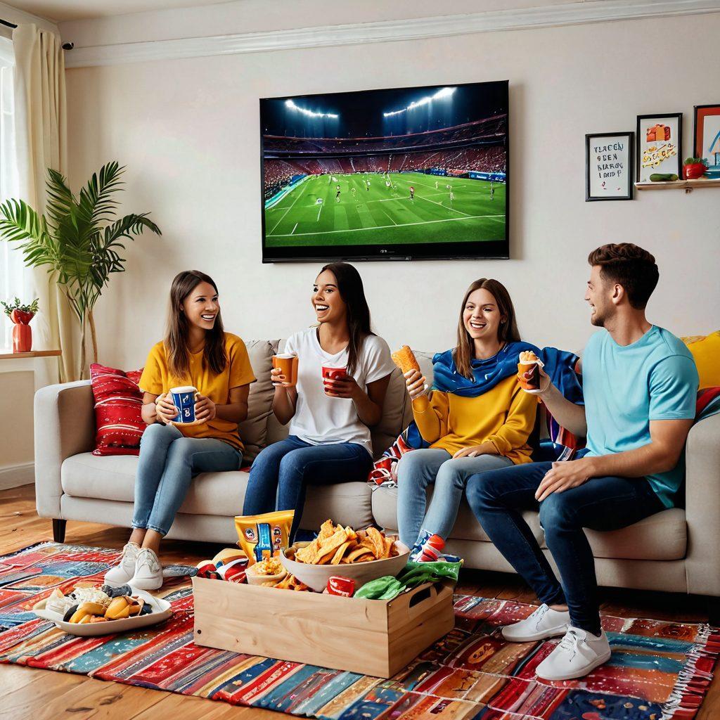 An inviting living room scene with a cozy couch adorned with colorful blankets and snacks, where a group of friends celebrates while watching a thrilling live sports match on a large screen. Add dynamic action elements like a soccer or basketball player in motion, and incorporate vibrant decorations reflecting various sports. Create a lively atmosphere with warm lighting to convey excitement. cartoon style. vibrant colors. 3D.